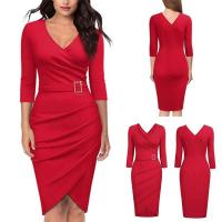Vestido de tubo irregular de cintura alta elegante con cinturón y manga 3/4 de color sólido formal de verano para mujer rojo - details 2