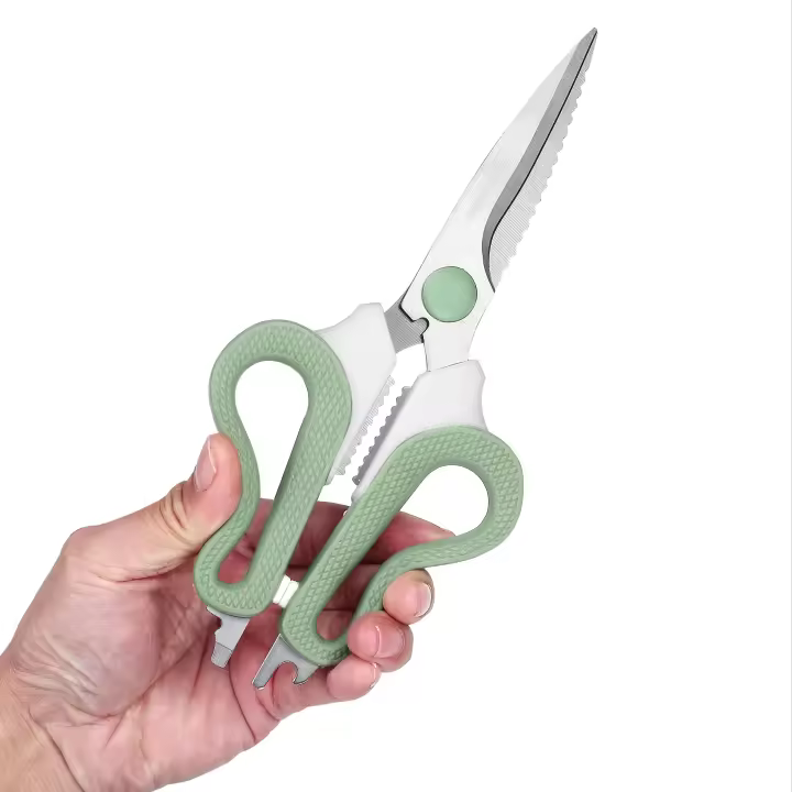 1 tijeras de cocina de acero inoxidable con mangos de goma suave, resistentes al óxido, ideales para pescado, carne, pollo, frutas, verduras, herramienta de cocina apta para alimentos, cómoda de usar - 1