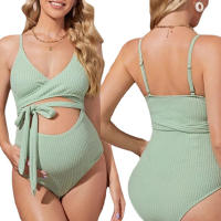 Traje de baño de una pieza para mujer embarazada, Tankini de maternidad, color verde, liso, ropa de playa para el embarazo - details 5