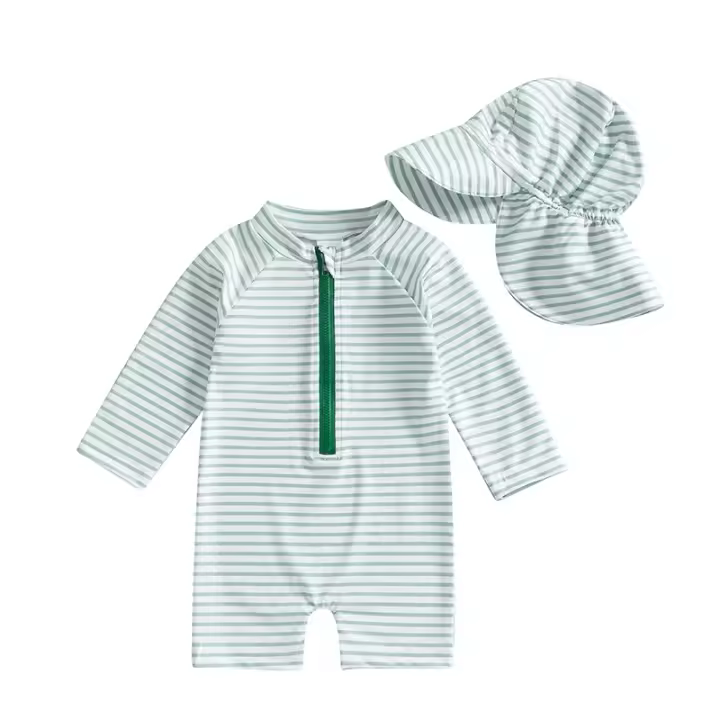 Traje de baño protector para niños y niñas de 0 a 3T Conjunto de 2 uds., estampado a rayas, manga larga y cuello redondo - 1