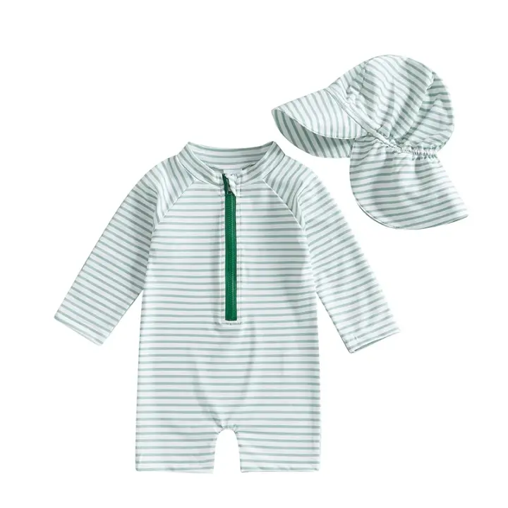 Traje de baño protector para niños y niñas de 0 a 3T Conjunto de 2 uds., estampado a rayas, manga larga y cuello redondo - 1