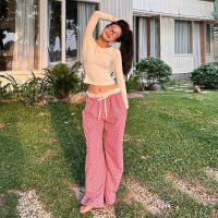 BUNO-Pantalones de encaje a rayas para mujer, Pantalones rectos de pierna ancha con cintura elástica y cordón, ropa de calle holgada para primavera y verano, pantalones de chándal informales - details 32
