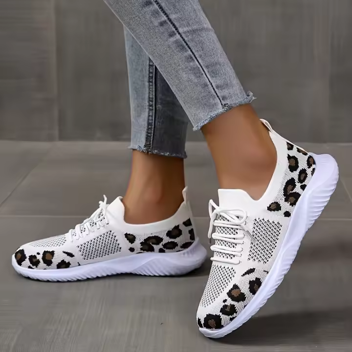 Tenis con estampado de leopardo para mujer, primavera otoño, nuevos deportes de malla transpirable para correr, zapatos planos cómodos y a la moda para caminar - 1
