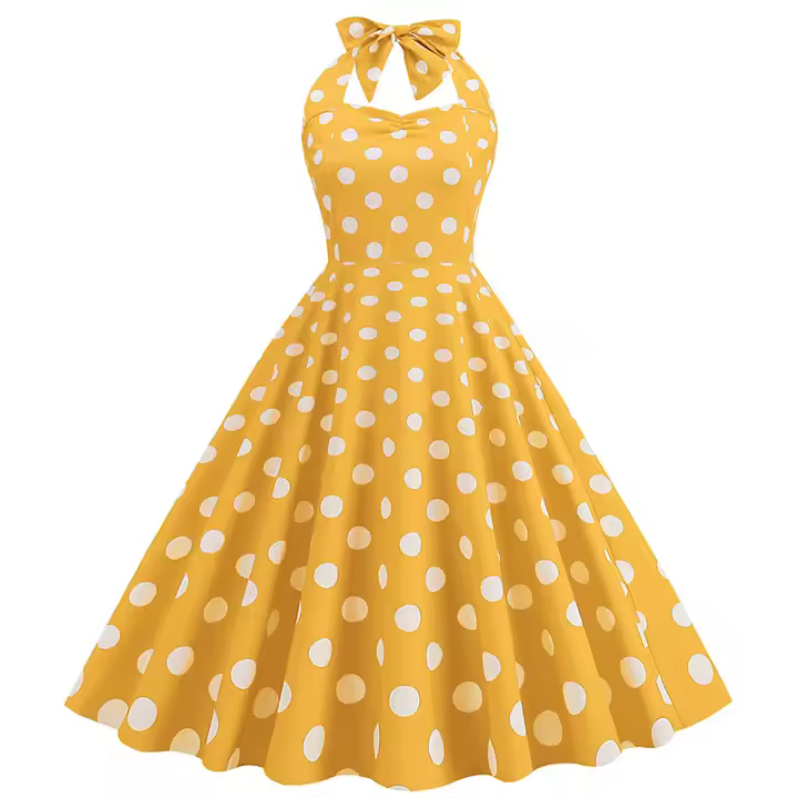 estilo impreso años 50 lunares cuello colgante, vestido pequeño de longitud media, vestido - 1