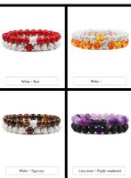Conjunto de pareja, pulsera de yoga de ojo de tigre de piedra de lava blanca y negra natural para hombres y mujeres, joyería de cuerda elástica - details 6