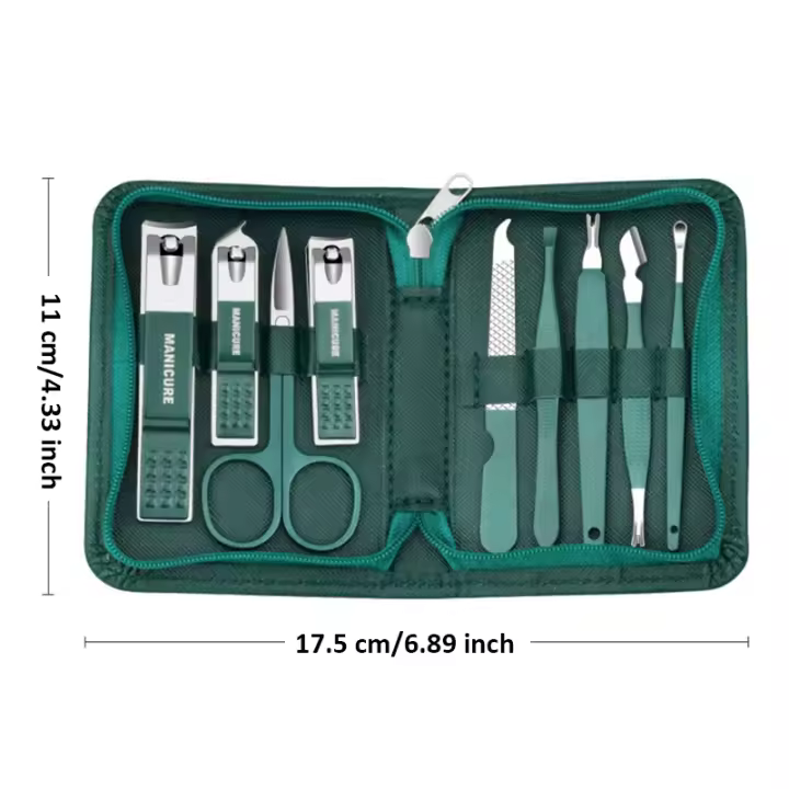 Green 9 Pcs Manicure Set With Leather Case Professional Foot And Face Care Tool Kits Stainless Steel Nail Clipper Sets Gift - 1
