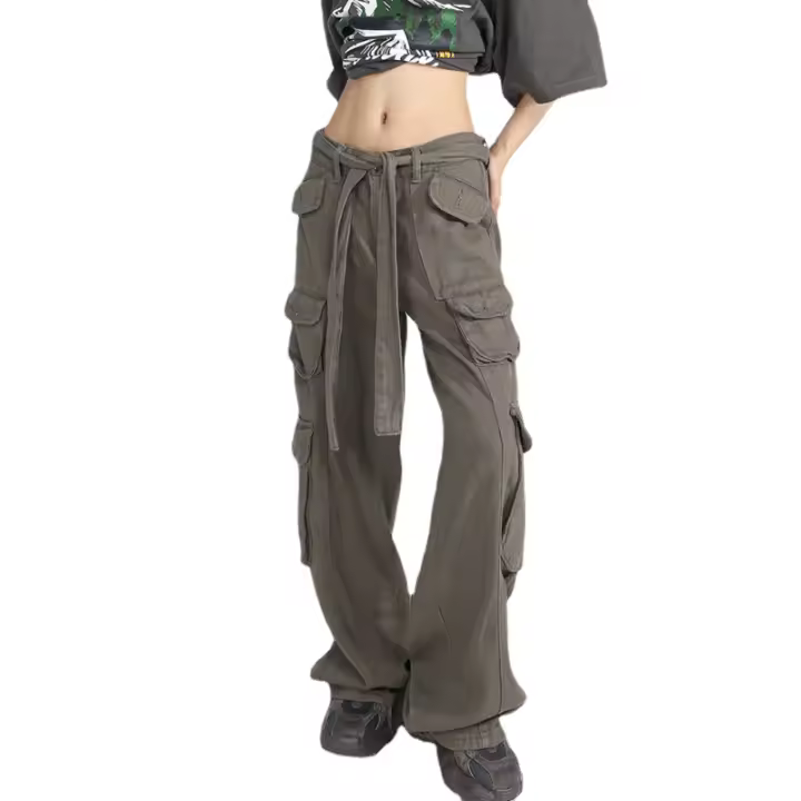 Pantalones vaqueros Cargo Vintage grises de cintura alta para mujer, pantalón vaquero de pierna ancha, diseño elegante de calle, holgado, 2023 - 1