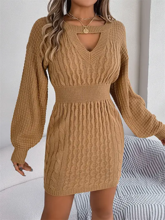 Punto de manga larga para mujer, vestido suéter elegante con aberturas, otoño e invierno - 1