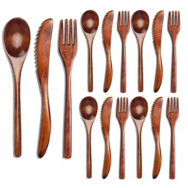 Juego de cubiertos de madera para cocina, Set de Cubiertos de 15 piezas, cuchara, tenedor, cuchillo - 1