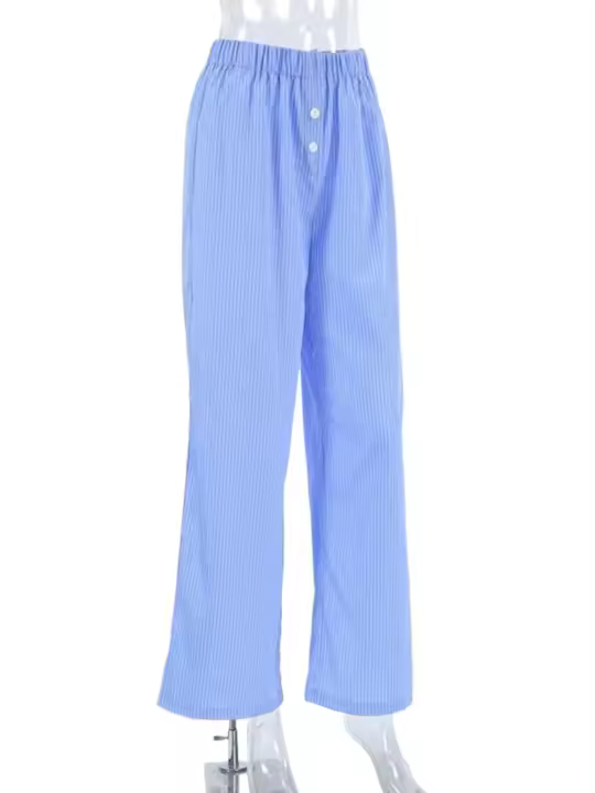 Pantalones de Algodón Originales para Mujer Diseño a Rayas Azules Cómodo y Elástico - 1