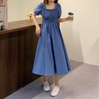 Vestido de verano para mujer, fruncido plisado, cuello cuadrado, manga corta, manga de burbuja, vestido de mujer de Color sólido, vestido Midi con dobladillo suelto - details 12