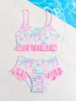 Conjunto de bikini de concha rosa para niñas, traje de baño informal con tirantes de espagueti y detalles de volantes, tejido de punto elástico de estiramiento medio, poliéster y elastano, para edades de 8 a 12 años, ideal para vacaciones en la playa y - details 4