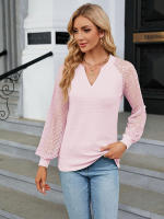 Camiseta holgada de manga larga para mujer, blusa informal de Color liso con costura de encaje y cuello en V, moda de primavera y otoño, 2023 - details 9
