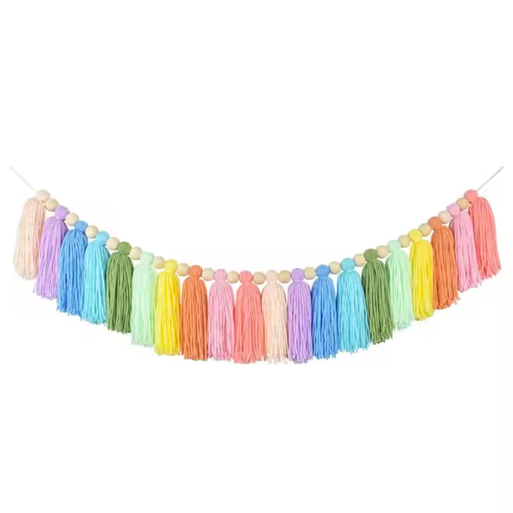 Guirnalda de borlas de arcoíris Pastel de 37 pulgadas con cuentas de madera, tapiz colorido para pared del dormitorio, aula, guardería, decoración de fiesta - 1
