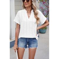 BUNO-2025 Blusas informales para mujer, camisas holgadas de manga corta con cuello de pico de Jacquard bordado a la moda, Tops elegantes de colores sólidos para verano - details 38