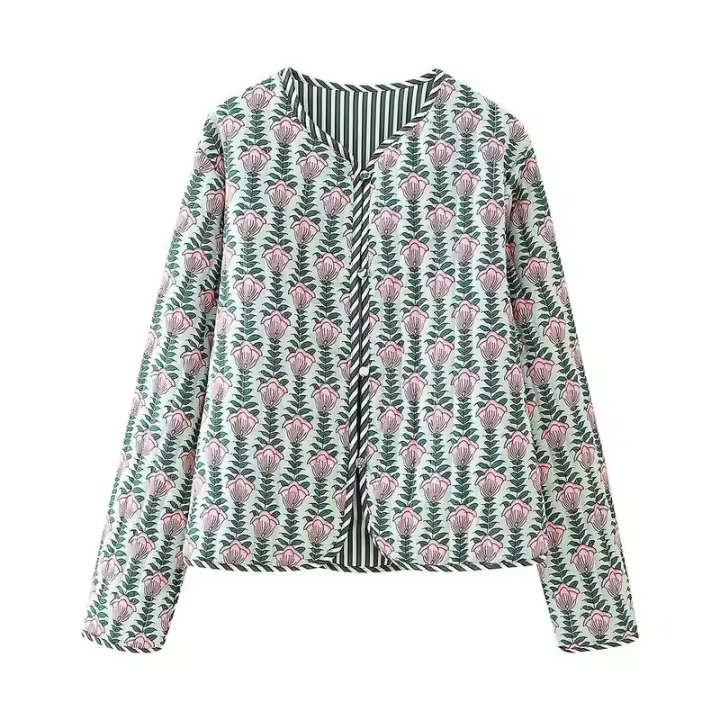 BUNO-Nueva chaqueta informal de algodón acolchada con estampado floral y cuello redondo para mujer, abrigo elegante de manga larga con botones y abertura - 1