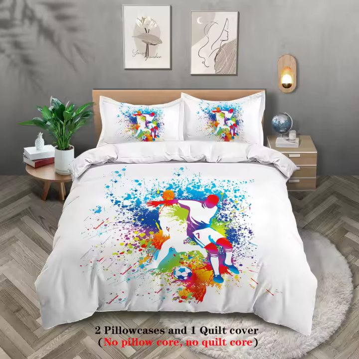 Funda de Edredón Down de 3 Piezas con Patrón de Fútbol Fresco Juego de Ropa de Cama sin Núcleo - 1
