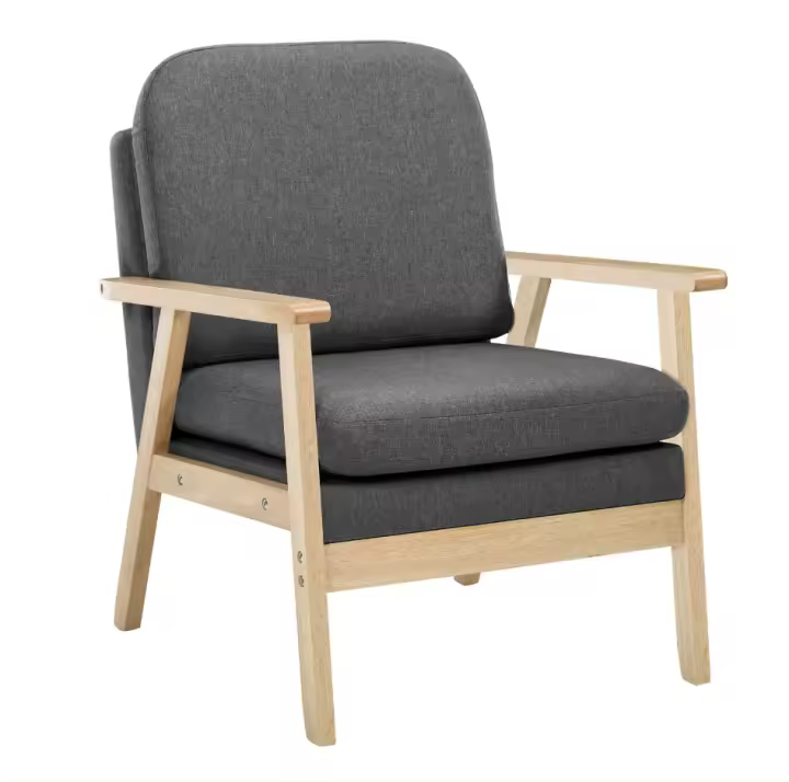 Sillón de lino, sillón, sofá individual, silla de lectura de relajación de madera, cojín trasero de asiento grueso para sala de estar, dormitorio, gris oscuro - 1