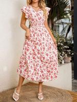 Vestido largo profesional floral casual de moda con mangas con volantes, tela elástica con cuello en V, falda larga Holida, ropa de mujer, - details 4
