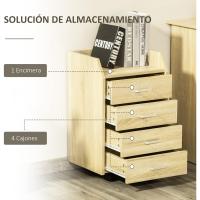 Cajonera de oficina, mueble auxiliar para archivos con 4 cajones, superficie superior de almacenamiento, 4 ruedas y 2 frenos para estudio/oficina, 40x36x65 cm, natural. - details 3