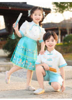 Vestido de Recitación de Poesía de Verano Hanfu para Niños Traje Antiguo Chino con Falda de Cara de Caballo Conjunto de Ropa y Zapatos - details 14