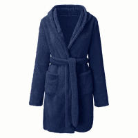 Albornoz de casa de color cálido sólido con capucha de felpa para mujer, pijamas, albornoz - details 18