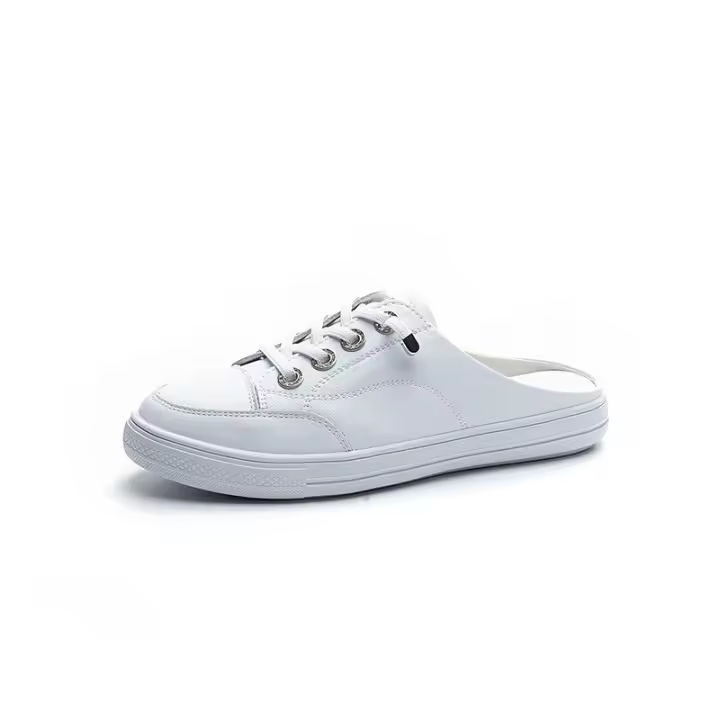 Baotou media zapatillas de mujer de fondo plano exterior desgaste de verano de cuero transpirable y ligero media bandeja zapatos sin tacón zapatos blancos - 1
