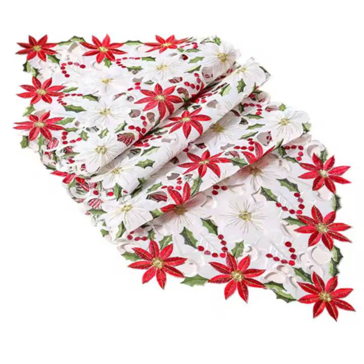 Camino de mesa de flores de Poinsettia de Navidad, bordado de satén Popular, cubierta de bandera, decoración del hogar de Año Nuevo, blanco - 1