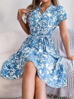 Msfilia Vestido de verano con cuello en V y cinturón plisado con estampado de moda para mujer - details 11