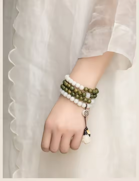 Cadena de suéteres retro de sándalo verde con raíces Bodhi de jade blanco - 1