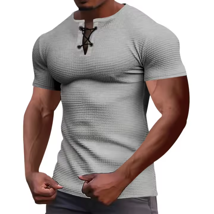 Camiseta de manga corta transpirable, delgada, a la moda, informal, transfronteriza, de verano para hombre, camisa Henley con lazo para hombre y americano. - 1