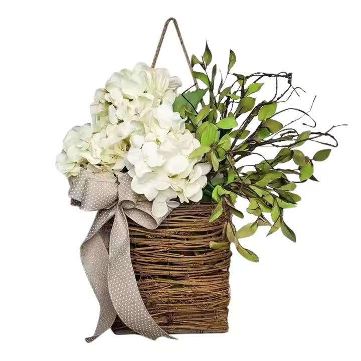 Cesta de mimbre de flores artificiales, colgante de puerta, guirnalda de flores salvajes, adornos, regalos, decoración del hogar para porche y granja - 1