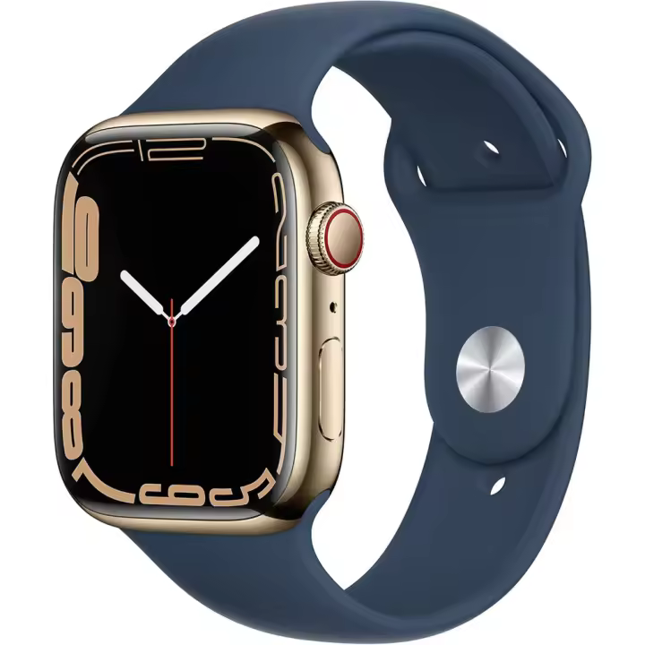 Apple Watch Series 7 (GPS + Cellular, 45MM) - Caja de acero inoxidable dorada con correa deportiva azul abisal (renovada) - 1