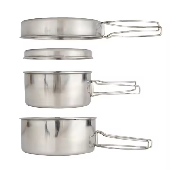 Juego de utensilios de cocina portátil para acampada, vajilla antiadherente con tapa de olla, plato de acero inoxidable, fácil d - 1
