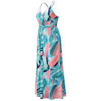 Vestidos largos con cuello en V para mujer, sin mangas, cintura alta, playa, Maxi, azul, rosa, estampado S - details 6