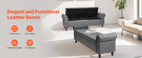 Banco Otomano de Almacenamiento con Botones SucceBuy, Banco de Piel Sintética con Brazos Enrollados y Patas de Madera, Banco Moderno para Zapatos para la Entrada, Asiento Tapizado para Dormitorio o Sala de Estar, Gris - details 0