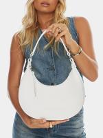 1 bolso de hombro elegante de piel sintética para mujer, bolso semicircular de color sólido con cierre de cremallera, correa ajustable, forro de poliéster, limpieza localizada, negro/blanco - details 10
