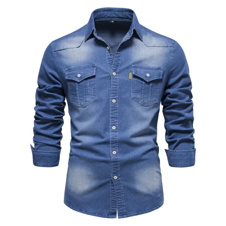 día del padre Camisa vaquera para hombre Algodón de alta calidad Elástico Primavera Chaqueta vaquera de manga larga Casual Slim Fit Ropa de calle Camisas de vaquero - 1