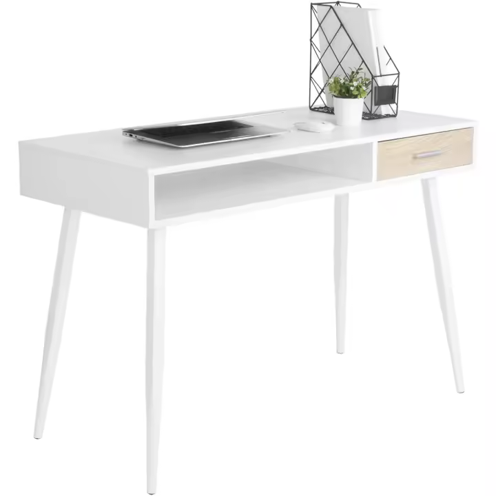 Mesa Moderna de Nórdico 110x50cm, Escritorio de Trabajo con Cajón y Compartimento Abierto, Estructura de Acero, Madera Ecológica, Blanco Fácil de Instalar, Diseño de Muebles para el Hogar y Oficina - 1