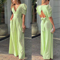 Mono Elegante De Cintura Alta Para Mujer, Cuello En V, Ajustado, Estilo De Oficina, Sólido, Verano - details 5