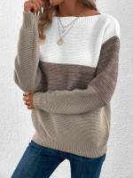 Elegant Three-color Patchwork Sweater Women Daily Commuter Casual Loose Jumpers Female Autumn Winter Knitted Thickened Warm Tops - details 9