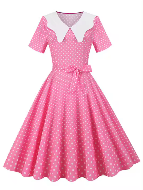 Vestido midi elegante informal para mujer con lunares, cuello Peter Pan, cintura alta y corte en A - 1