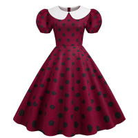 Vestido midi elegante de fiesta con cuello Peter Pan, lunares y mangas cortas abullonadas para mujer, ideal para el verano. - details 19