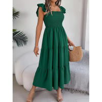 Elegante vestido largo de verano para mujer en color liso con escote cuadrado y aros decorativos, sin mangas, corte ajustado. - details 19