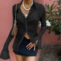 BUNO-Camisas acampanadas de manga larga con solapa y botones para mujer, blusas informales fruncidas transparentes, cubierta de playa, verano y otoño - details 6