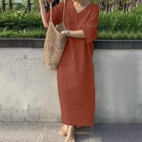 Vestido Maxi de Lino y Algodón para Mujer Cuello en V, Manga Corta, Botón, Moda de Playa de Verano - details 3