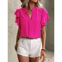 Jersey Elegante De Color Rojo Rosa Para Mujer, Blusa Informal Con Cuello En V Y Mangas Con Volantes De Doble Capa, Top De Color Sólido - details 19