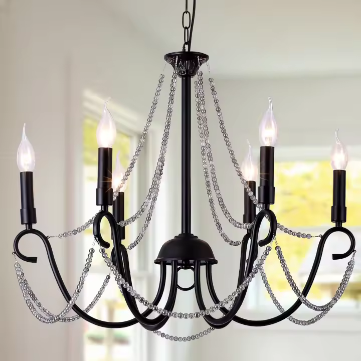 Vintage Lámpara de Araña de Metal Iluminación Estilo Vela Colgante Luz Alta Ajustable Cadena de Metal para Granja Comedor Cocina Isla Vestíbulo Negro 6 Luces - 1