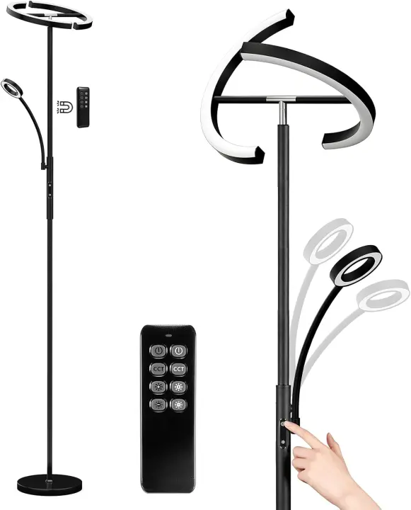 Lámpara de pie regulable LED Lámpara plateada 20W con lámpara de lectura flexible 7W - 1