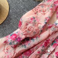 Vestido corto con estampado de wer para mujer, moda de primavera 2024, manga larga acampanada, botones de perlas con muescas, Mini Vestidos de fiesta con cinturón - details 15